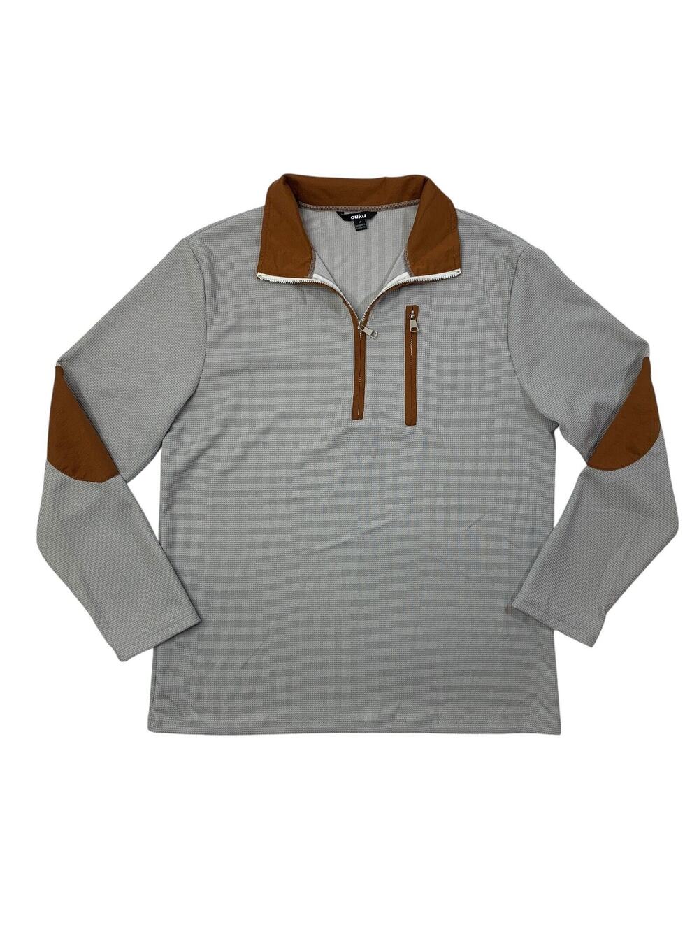 Ouku Sweatshirt Men M Medium Grey Brown Waffle Elbow Patches Quarter Zip Stretch